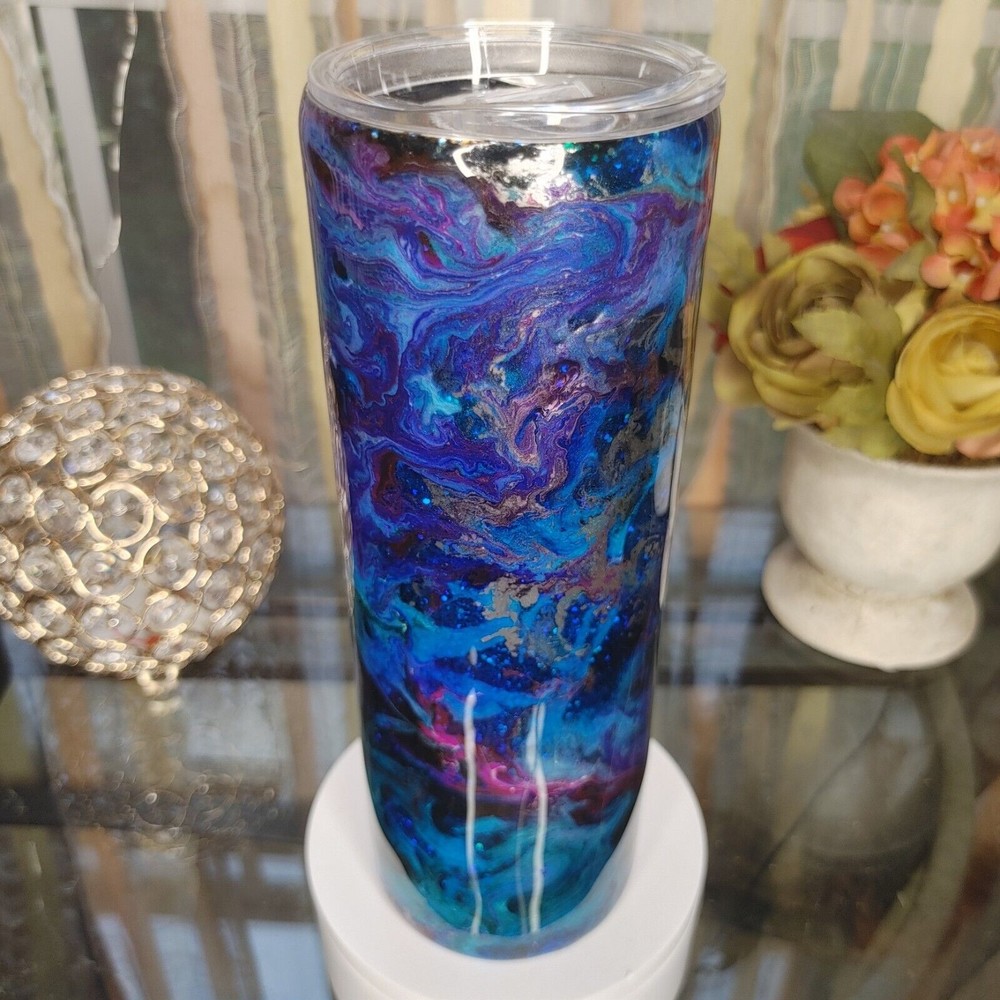 Handcrafted Tumbler Blue Purple Silver Stainless Steel with Straw 25oz Skinny